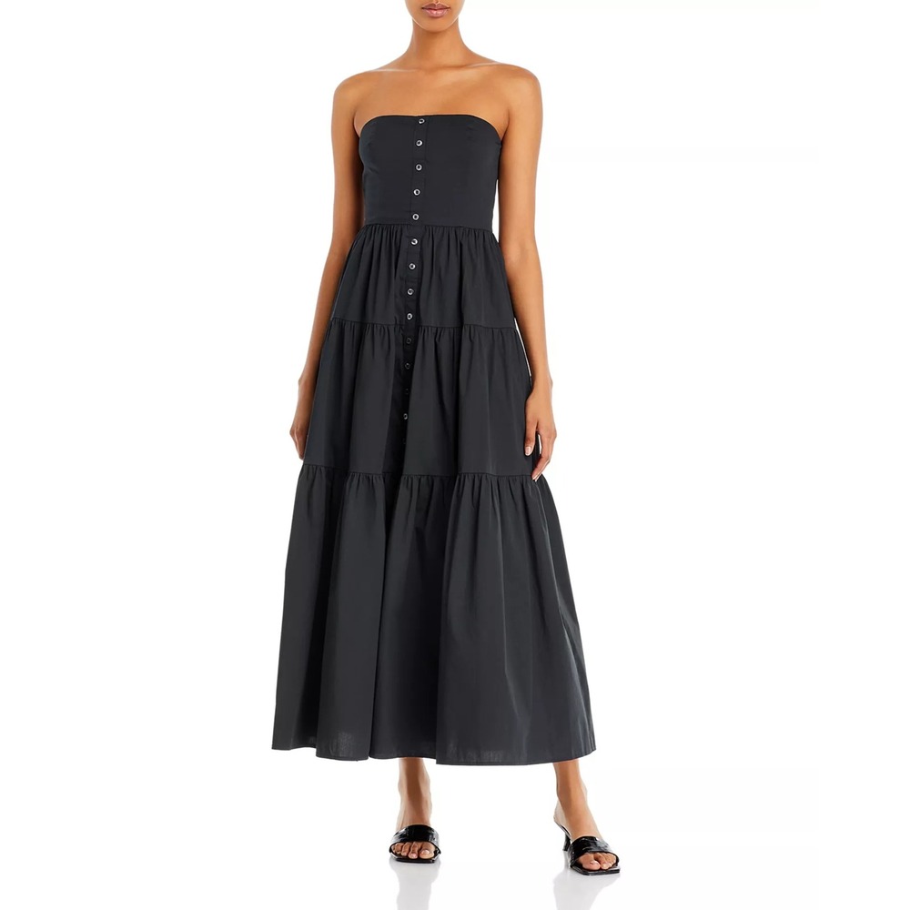 Staud Elroy Black Tiered Button Up‎ Maxi Dress Strapless Smocked Back XS Capsule